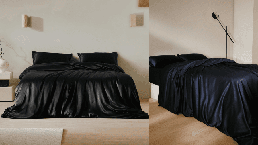 Two bedrooms featuring black satin bedding; one with a neatly arranged king-size bed, the other with a dark, moody aesthetic and soft lighting.
