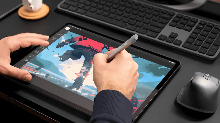 A tablet with a drawing made by a digital pencil together with a black mouse and keyboard.