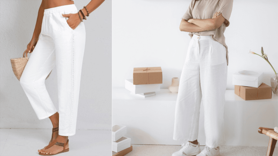 Two styles of white pants: cropped with lace trim on the left, wide-leg with a tie belt on the right.