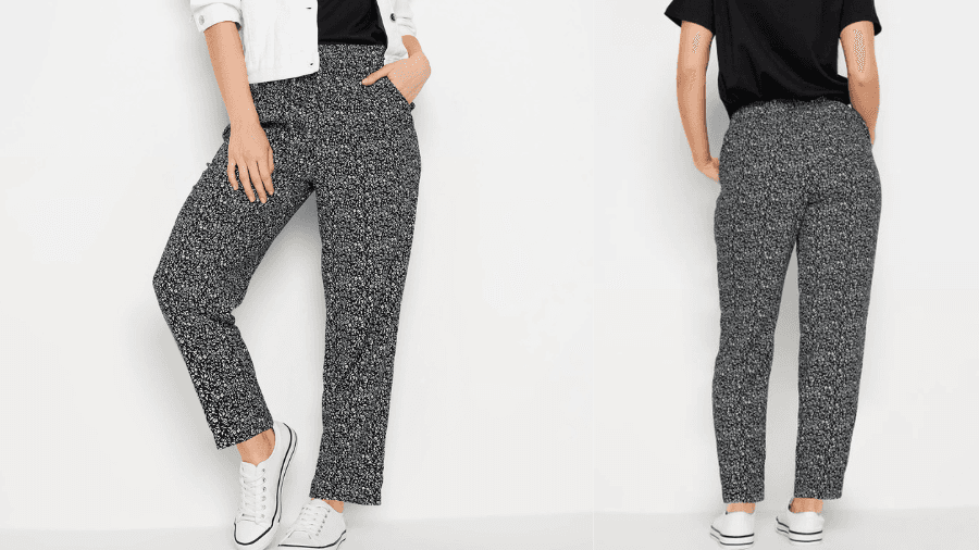 Black and white patterned straight-leg pants shown from front and back views.