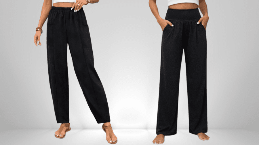 Black high-waisted, wide-leg pants with pockets shown from front views.