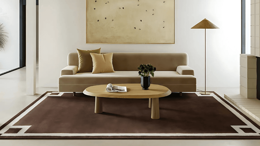 Modern living room with a beige sofa, two accent pillows, a wooden coffee table with a plant and book, and a large brown area rug with a white geometric border.