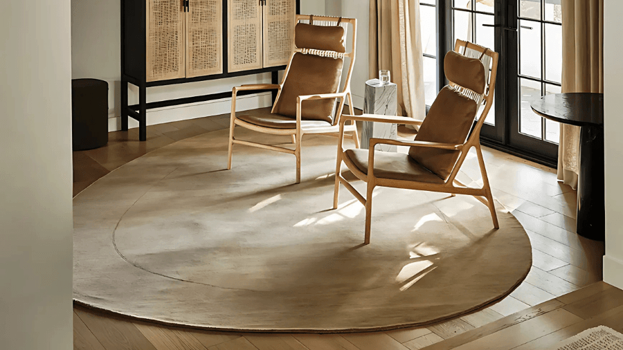 Minimalist living space with two wooden lounge chairs featuring brown cushions, placed on a large round beige rug, near black-framed glass doors and neutral-colored curtains.
