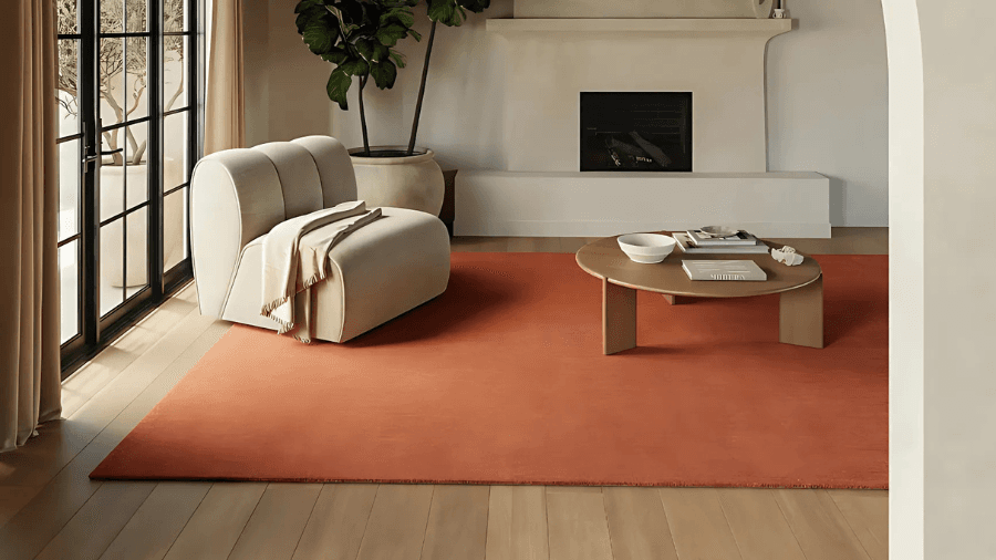 Modern living room with a bold terracotta rug, a curved cream lounge chair with a beige throw, a low wooden coffee table, and large windows letting in natural light.