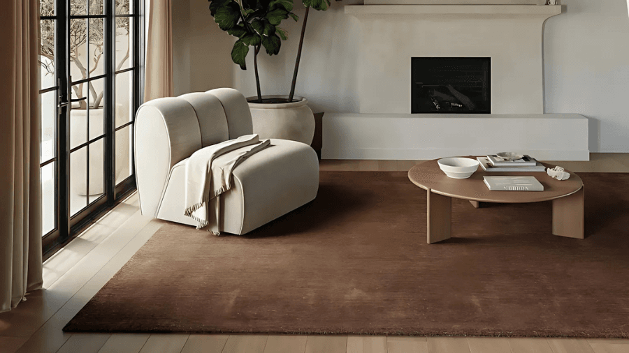 Contemporary living room featuring a brown area rug, a curved cream lounge chair with a beige throw, a round wooden coffee table with decor, and large windows allowing natural light.