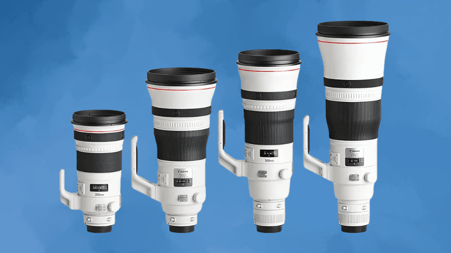 A lineup of four Canon telephoto camera lenses of varying sizes with white bodies, black focus rings, and red accent rings, displayed against a blue background.