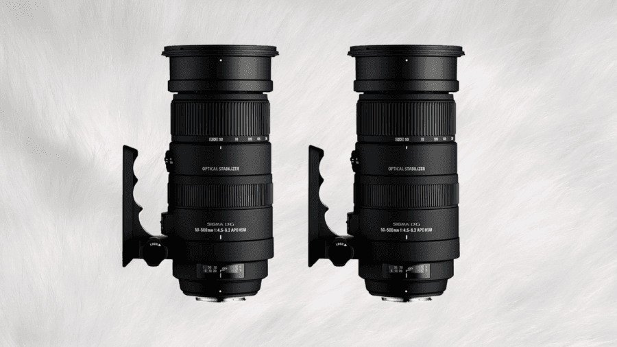 Two identical Sigma 150-600mm telephoto zoom lenses with black bodies and tripod mounting collars, placed side by side against a soft white textured background.
