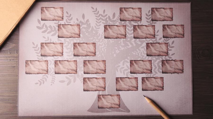 A blank family tree chart with empty spaces for names, featuring a tree illustration in the background and a pencil placed beside it.