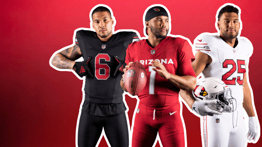 Three Arizona Cardinals players in team uniforms pose against a red gradient background.