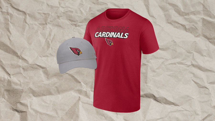 Arizona Cardinals red t-shirt and gray cap with team logo on a textured beige background.