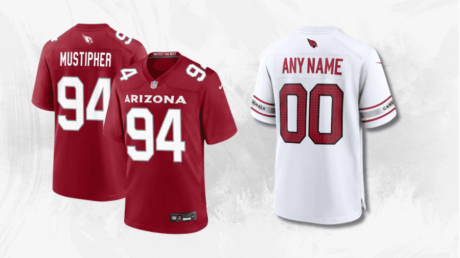 Arizona Cardinals jerseys, featuring a red number 94 jersey with "Mustipher" on the back and a customizable white jersey with "Any Name" and number 00.