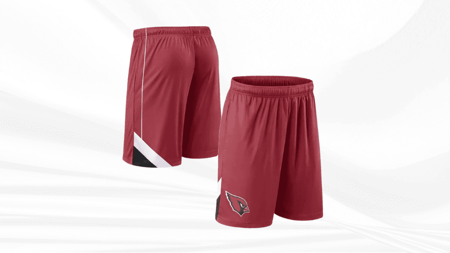 Arizona Cardinals athletic shorts in red with the team logo on the leg and contrasting white and black accents on the sides.