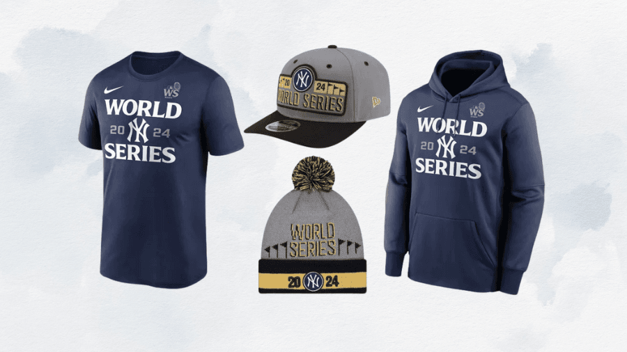 New York Yankees 2024 World Series apparel collection, including a navy blue T-shirt, matching hoodie, a gray and black snapback cap, and a gray and gold knit beanie with a pom-pom.