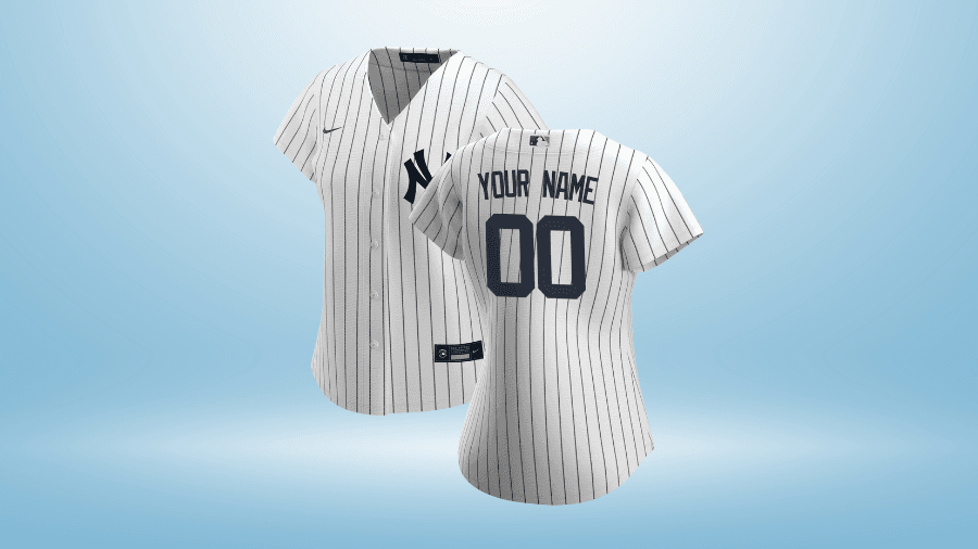 Customizable New York Yankees women's pinstripe jersey featuring the classic white and navy blue design with "Your Name" and "00" printed on the back.