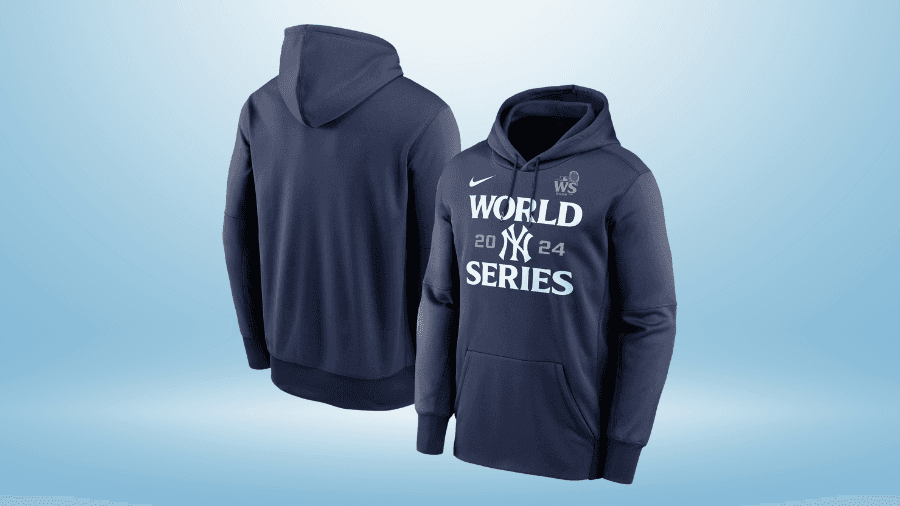 Navy blue New York Yankees 2024 World Series hoodie featuring the team's logo and championship text on the front, with a plain back design.