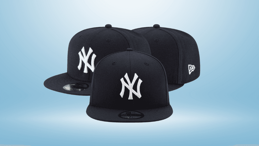 Three navy blue New York Yankees fitted caps with the white "NY" logo, displayed against a light blue background.