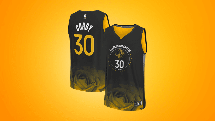 Golden State Warriors Stephen Curry #30 jersey in black and gold, featuring a rose design at the bottom, displayed against an orange background.