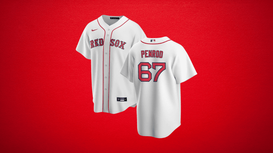 Customizable Boston Red Sox white home jersey featuring red lettering and numbering, with "Red Sox" across the front and a personalized name and number on the back, set against a bold red background.
