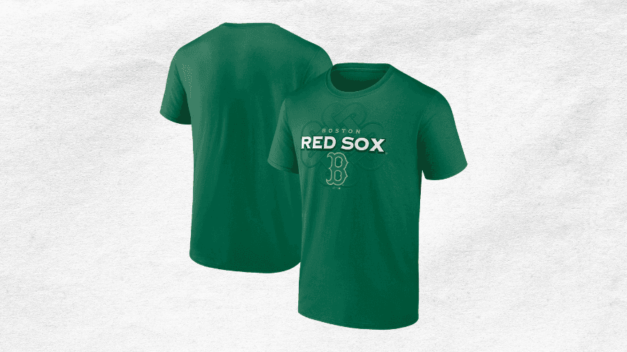 Green Boston Red Sox St. Patrick's Day-themed T-shirt featuring the team's logo and name on the front, with a subtle shamrock design in the background, set against a textured white backdrop.
