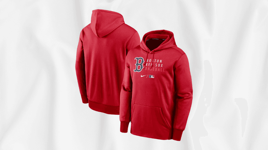 Red Boston Red Sox hoodie featuring the team's logo and "Baseball" text on the front, with a Nike logo and MLB branding, displayed against a soft white fabric backdrop.