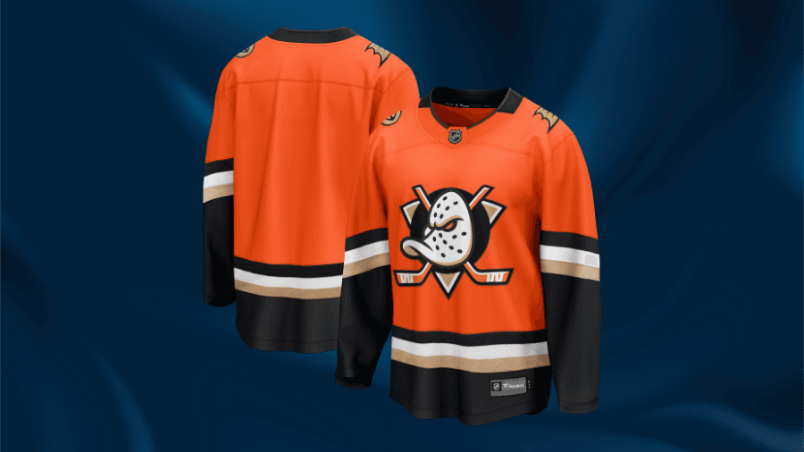 Anaheim Ducks orange alternate hockey jersey displayed on a dark blue background.