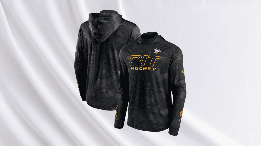 Black Pittsburgh Penguins hoodie with a subtle camo pattern displayed on a white silky background.