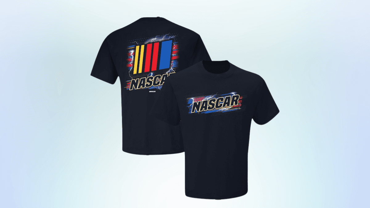 A black NASCAR T-shirt featuring the NASCAR logo on both the front and back.
