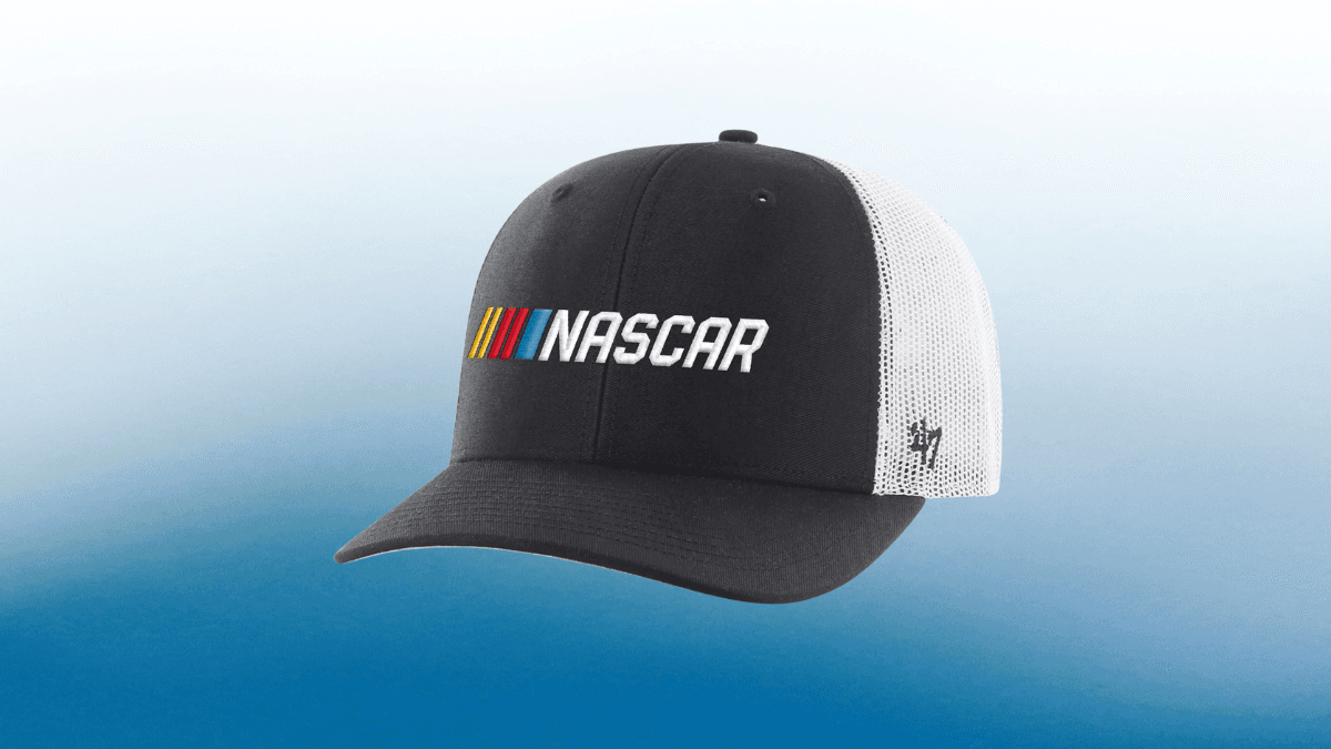 A black and white NASCAR trucker hat with a curved brim.
