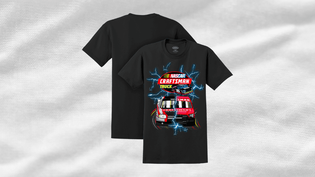 A black T-shirt featuring a vibrant NASCAR Craftsman Truck Series graphic.