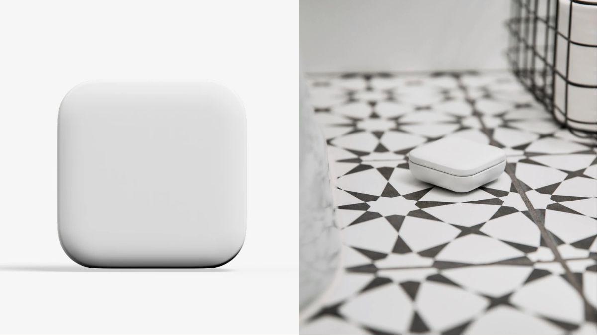 A small white smart sensor is shown in a close-up on the left and placed on a patterned floor on the right.