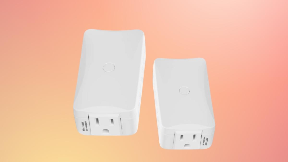 Two white smart plugs are displayed against a soft gradient background