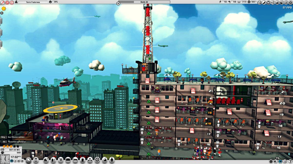 A skyscraper in Mad Tower Tycoon with multiple floors, a helicopter pad, and people walking around.