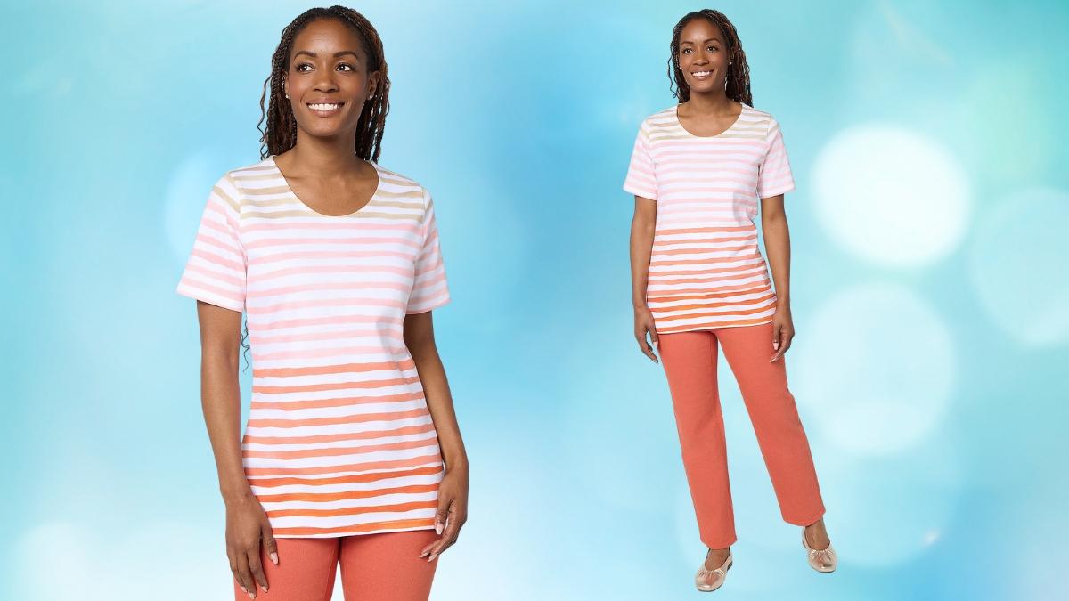 Woman wearing a Denim & Co. Active Textured Cotton Short Sleeve Striped Top with orange pants.