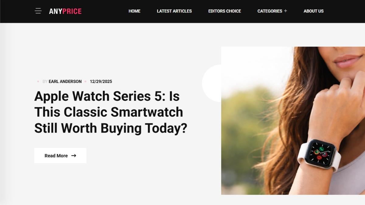AnyPrice.io homepage with navigation menu and featured shopping article preview.