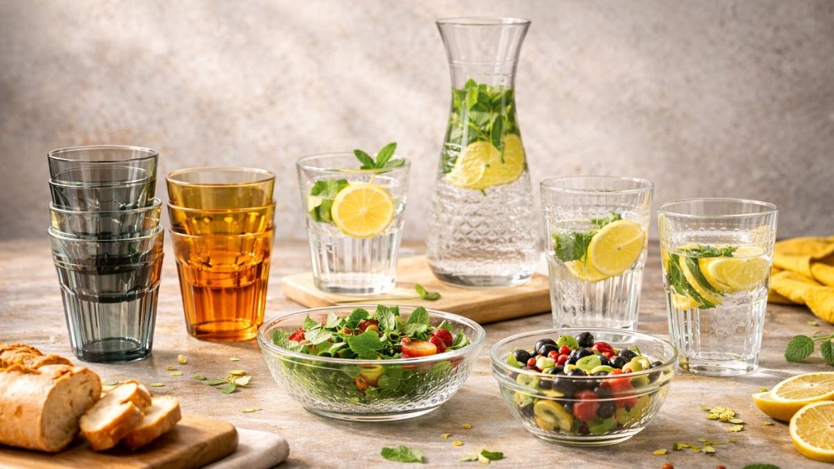 Duralex New Arrivals tempered glass tumblers, carafe, and bowls styled on kitchen table