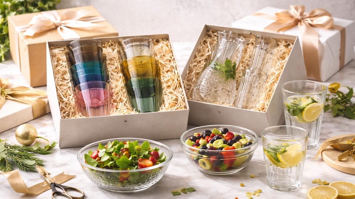 Duralex Gifts glassware sets with colorful tumblers, bowls, and carafes in gift boxes