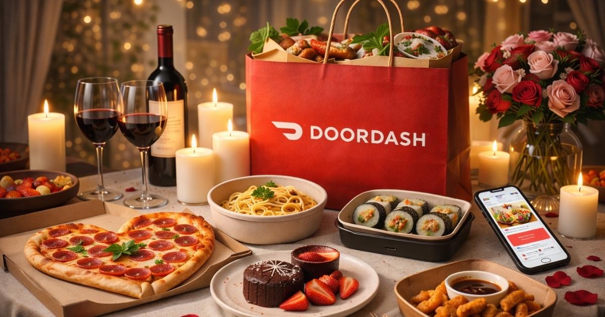 DoorDash Make It Date Night setup with delivered dinner, wine, candles, and roses at home