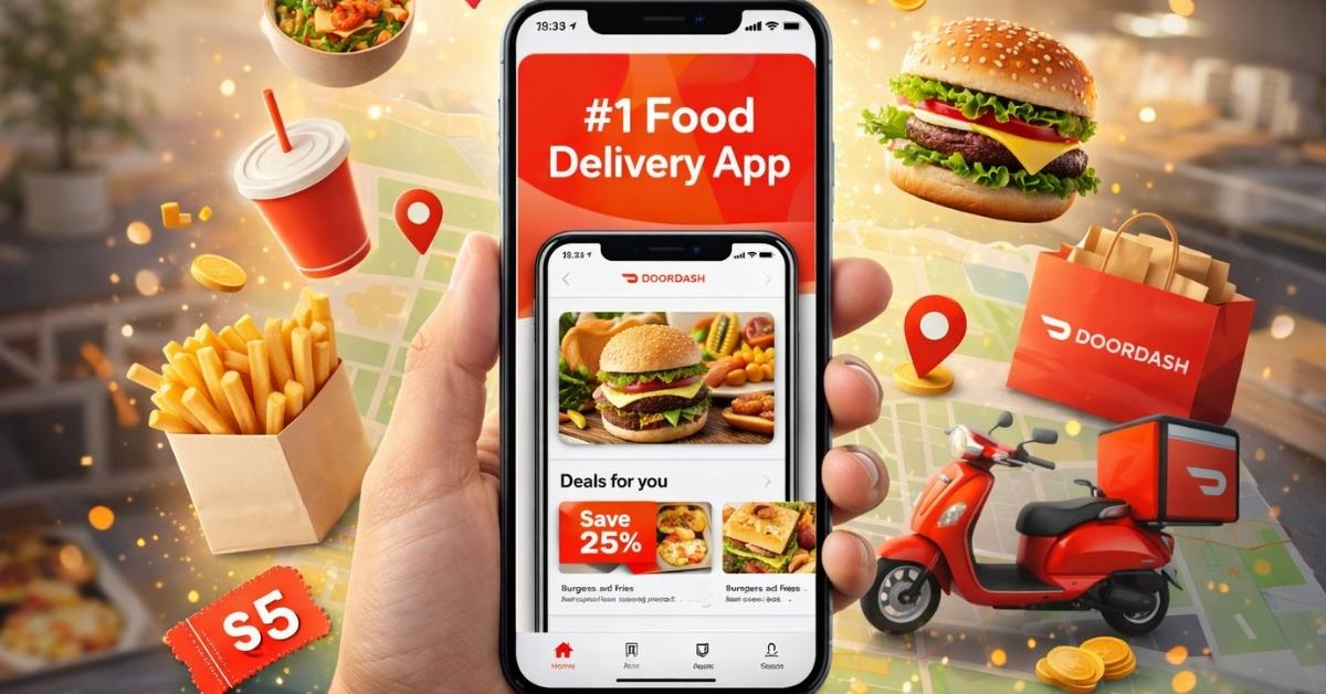 Smartphone displaying The Ultimate Guide to the DoorDash mobile app with food delivery visuals