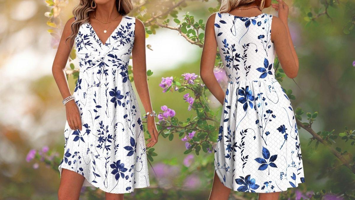 White Tummy Coverage Leaf Print Short Sleeveless Dress