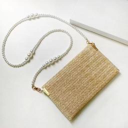 Fashion D Straw Pearl chain shoulder crossbody makeup women's hand phone bag with gift box
